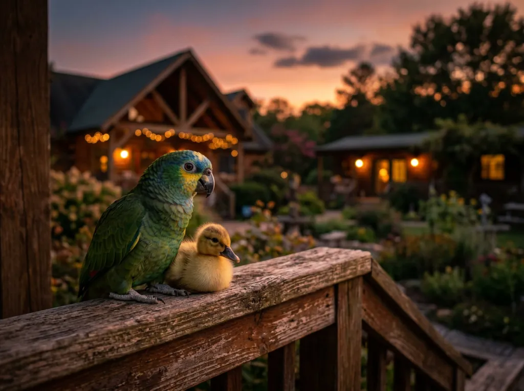 A green macaw perched with a small duckling on a weathered wooden railing at dusk in a cozy garden inn with warm fairy lights in the background.