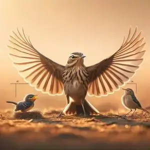 Mother Bird Protecting Two Chicks of Different Ages at Sunrise