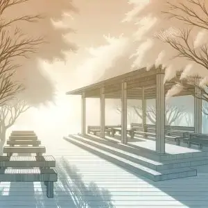 Quiet Pavilion Surrounded by Trees in Soft Morning Light