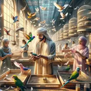 Vibrant Bird Market with Exotic Parrots and Doves in Historic Aviary Hall