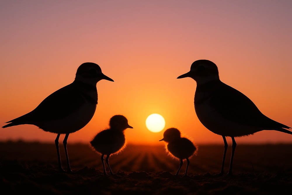 Killdeer Family Silhouette at Sunset – Shorebirds with Chicks
