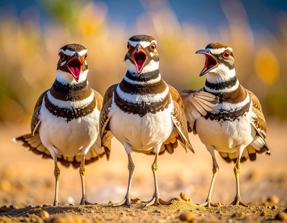 Three Killdeer Calling Together on Sandy Ground – Shorebird Vocal Display