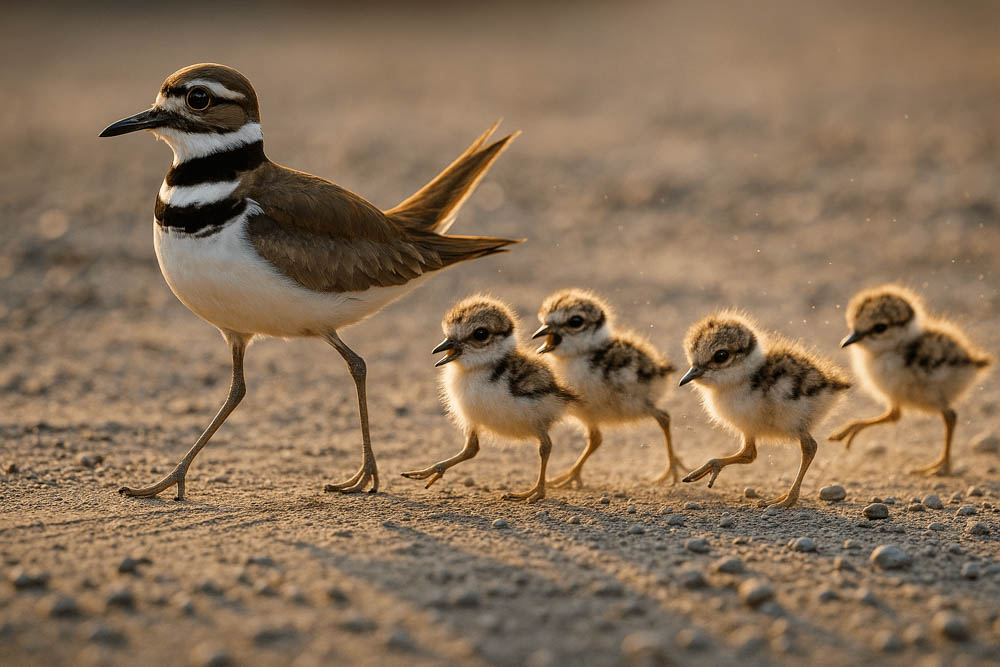 Killdeer Parent and Chicks on Gravel Path – Evening Walk