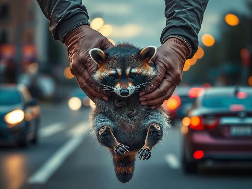 Injured raccoon being held in the middle of a busy street