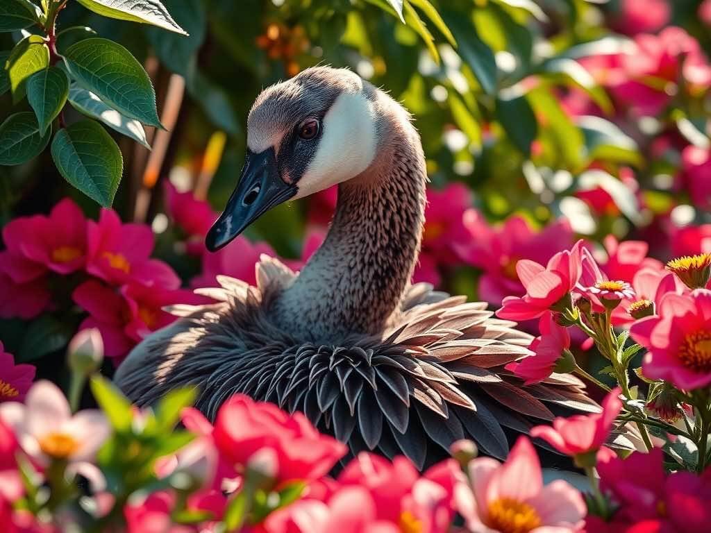 Injured goose hiding in a flower bed filled with roses after roadside accident