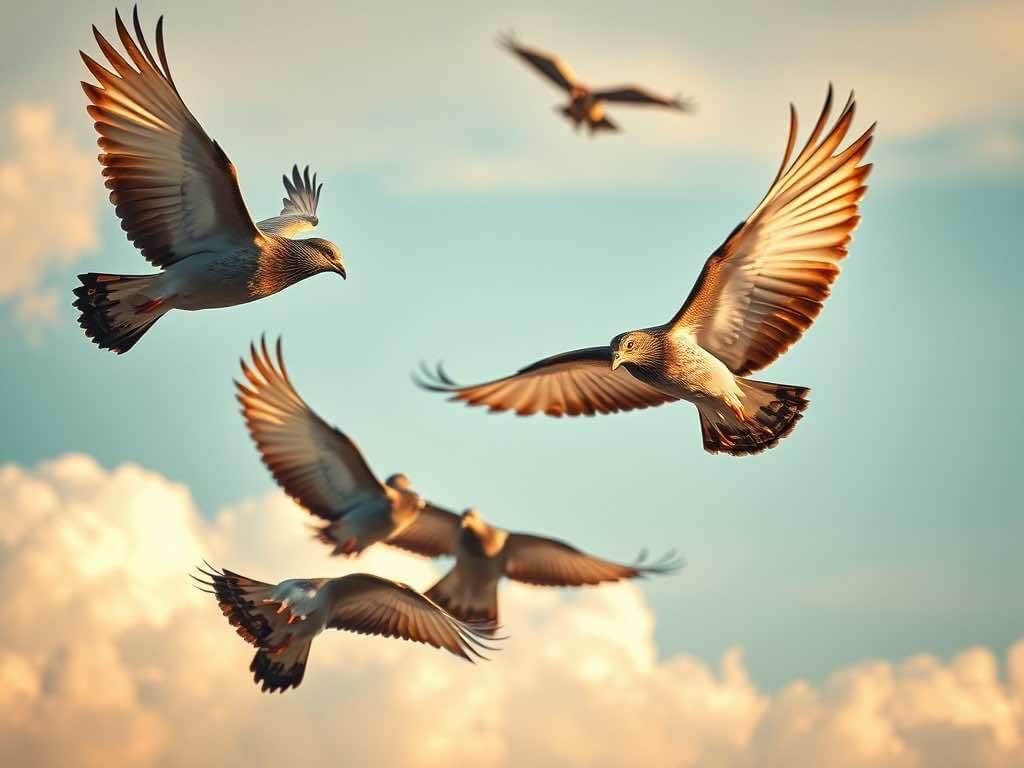 Pigeons flying high with a beautiful sky and scattered cloud background