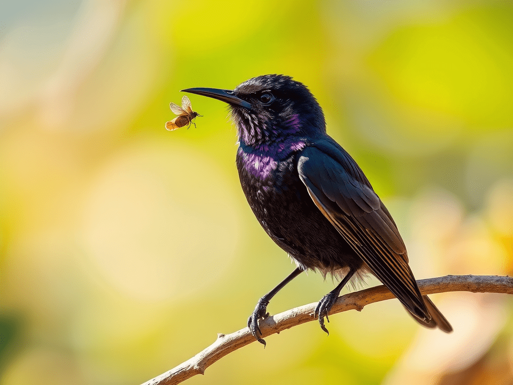 Purple Martin perched on a branch holding a captured insect in its beak
