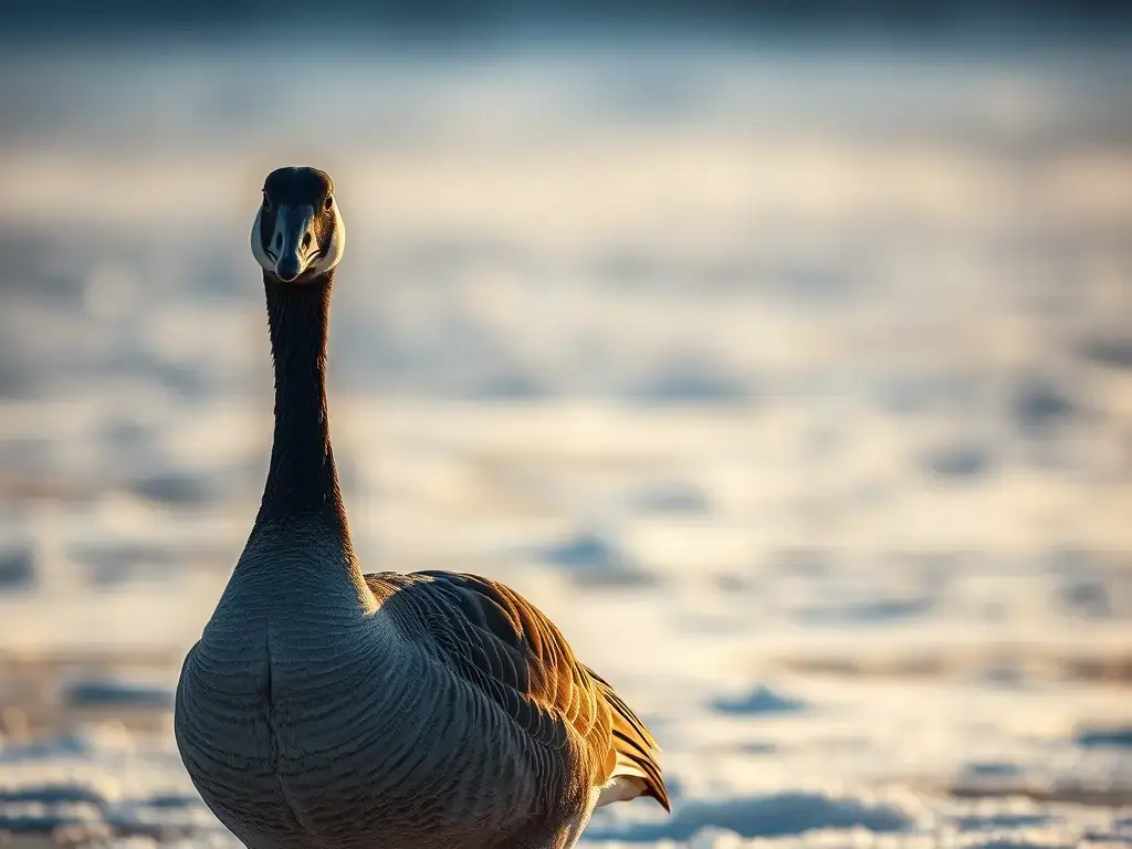 Canada goose standing alert on snowy ground with soft golden light.