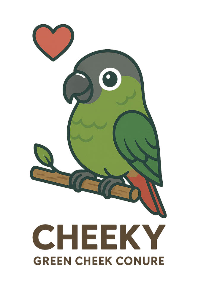 Cheeky the Green Cheek Conure – RFPSInc Brand Ambassador Parrotbot (Heart Version)