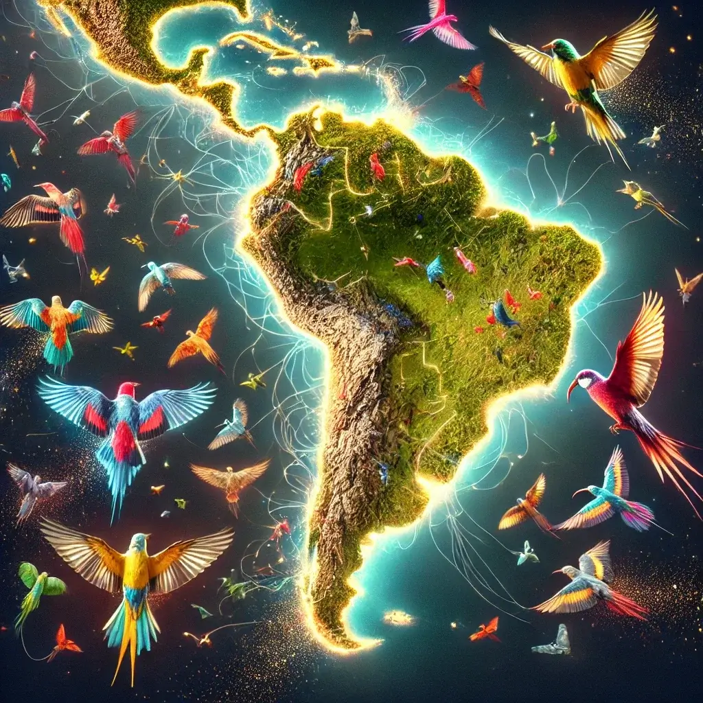 South America Surrounded by Tropical Birds in Flight Illustrated map of South America glowing with light and surrounded by colorful tropical birds