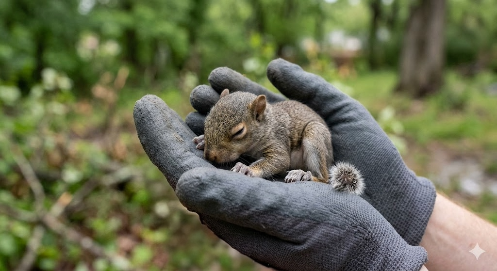 Newborn Baby Squirrel Sleeping Safely in Gloved Hands Found a baby squirrel being safely placed into a reunion box at the base of a tree